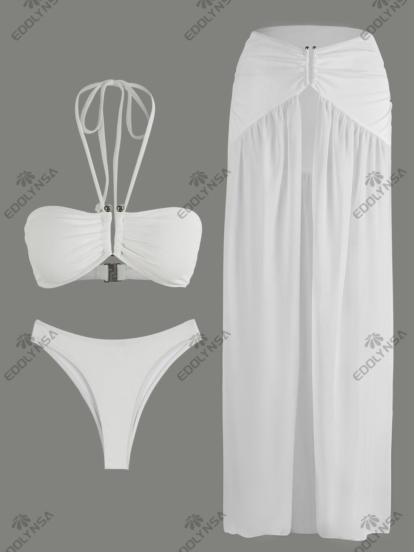 2025 Summer White Halter Neck 3 Piece Bikini Set Sheer Split Maxi Skirt Beach Dress Vacations Outfits Pool Party Wear K236