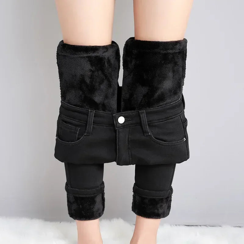 Winter Women Chic Fleece Thermal High Waist Jeans Lady Snow Warm Plush Denim Pants Girls Classic Fashion Straight Leg Trousers
