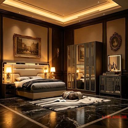 Modern Luxury Turkish style Bedroom Set – King Bed with Upholstered Headboard, Nightstands, Wardrobe with Mirrored Door, Dresser