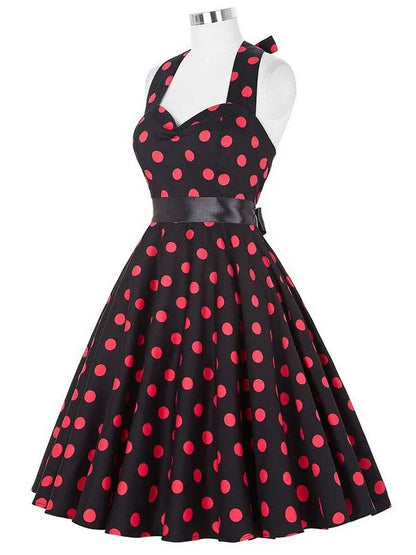 Women Summer Polka Dot Vintage Dress Fashion Party Office Lady 50s 60s Rockabilly Big Swing Halter Clothes Tunic Vestidos