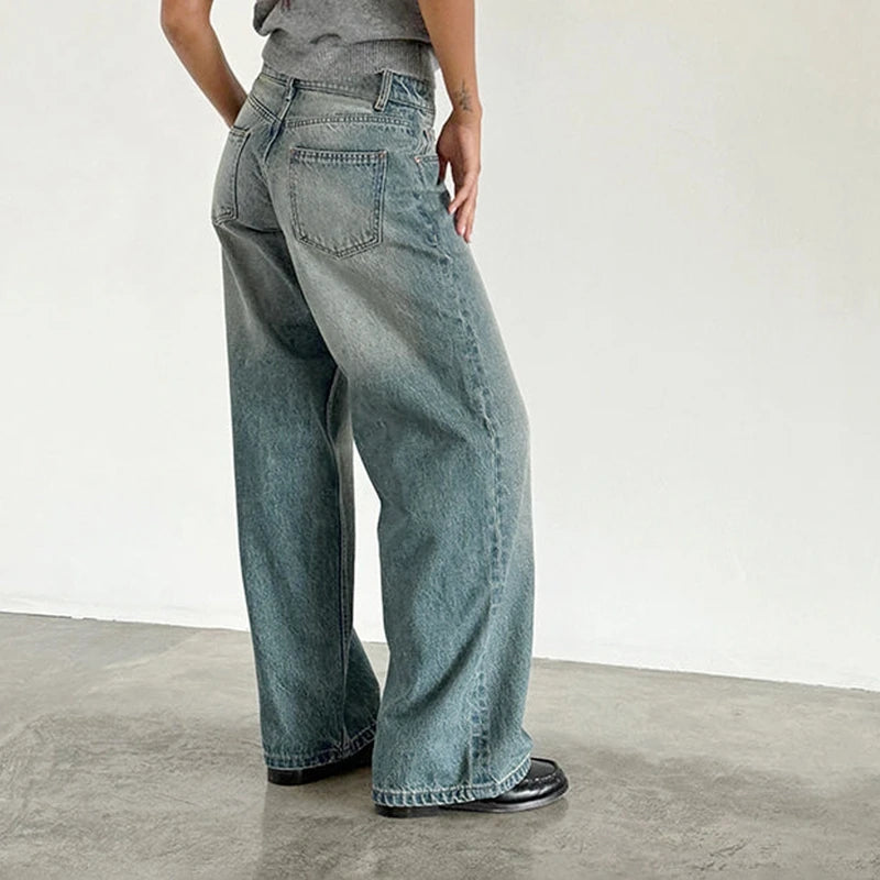 Maemukilabe Women Y2K Aesthetic Low Rise Baggy Jeans Loose Fit Boyfriend Straight Wide Leg Denim Pants Trendy Stretch Trousers