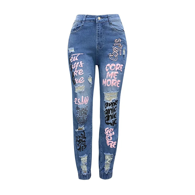 Women Trend Letter Print Pencil Jeans Stretch Drawstring Trousers Slim Denim Pants Female Fashion Casual Broken Holes Streetwear