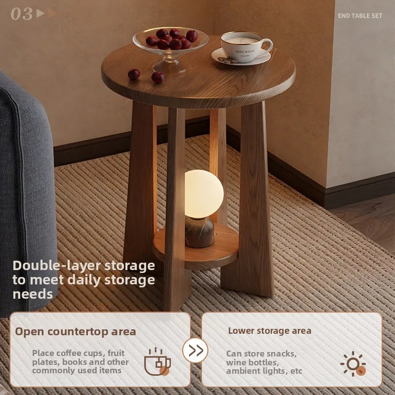 Vintage-style Coffee Table Small Apartments Modern Minimalist Double-layer Round Table Solid Wood Side Tables Living Room Sofa