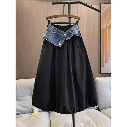2024 New Arrival Spring/summer Korean Style Women Loose Casual Cotton Denim Patchwork A-line Mid-calf Elastic Waist Skirt P03