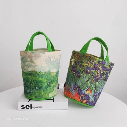 Van Gogh Oil Painting Bucket Bag Literary Portable Handbag Cup Bag Vintage Tote Canvas Bag for Girls