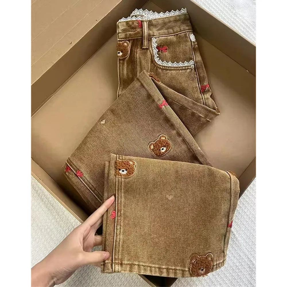 High Waist Patchwork Lace Straight Jeans Spring Embroidery Dog Denim Trousers Women Slim Pipe Pants Cowboy runway Ladies