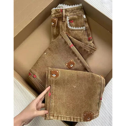High Waist Patchwork Lace Straight Jeans Spring Embroidery Dog Denim Trousers Women Slim Pipe Pants Cowboy runway Ladies