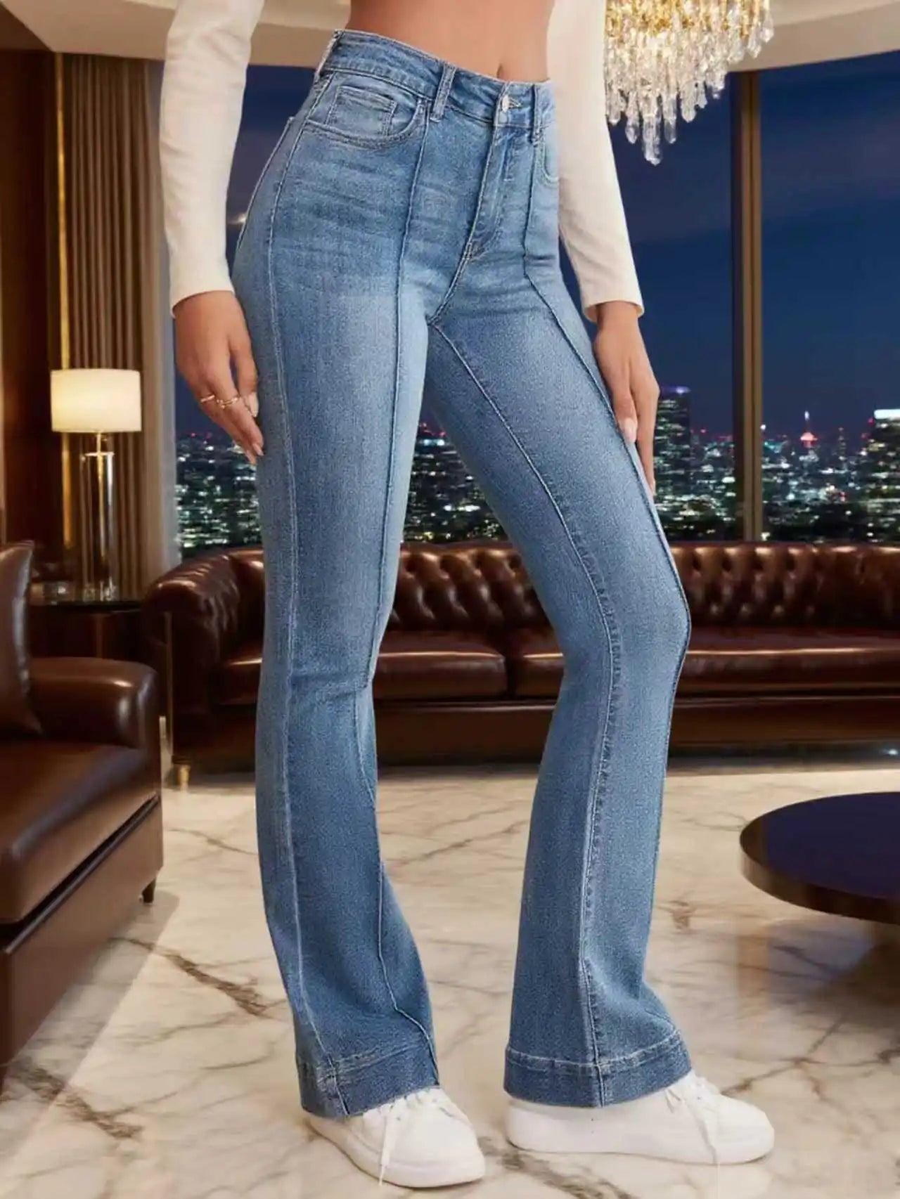 Gray Stretch Womens Flared Jeans French Seam Detail Simple Design Versatile Slimming Bootcut Trousers Women's pants pants Jeans