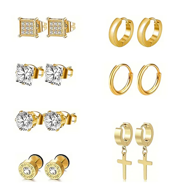 21 pairs of men's stainless steel earrings, circular CZ earrings, hypoallergenic earrings, unisex perforated earrings