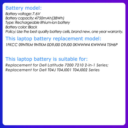 1FKCC Laptop Battery for Dell Latitude 7200/7210 2-in-1 Series Notebook 09NTKM/9NTKM Series 0D9J00/0KWWW4 4750mah/38wh