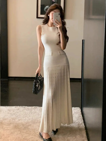 Pearls Decorated Women Round Neck Sleeveless Splicing Knitted Sweater Dress Elegant Or Short Knitted 2025 Spring New Women P8QA