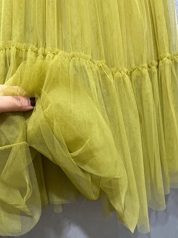 Autumn Fairy Puffy Maxi Long Gauze Skirt Cakee Patchwork A-line Layered Tulle Ankle Long Skirts Green Burgundy