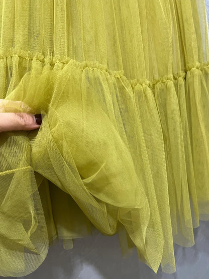 Autumn Fairy Puffy Maxi Long Gauze Skirt Cakee Patchwork A-line Layered Tulle Ankle Long Skirts Green Burgundy