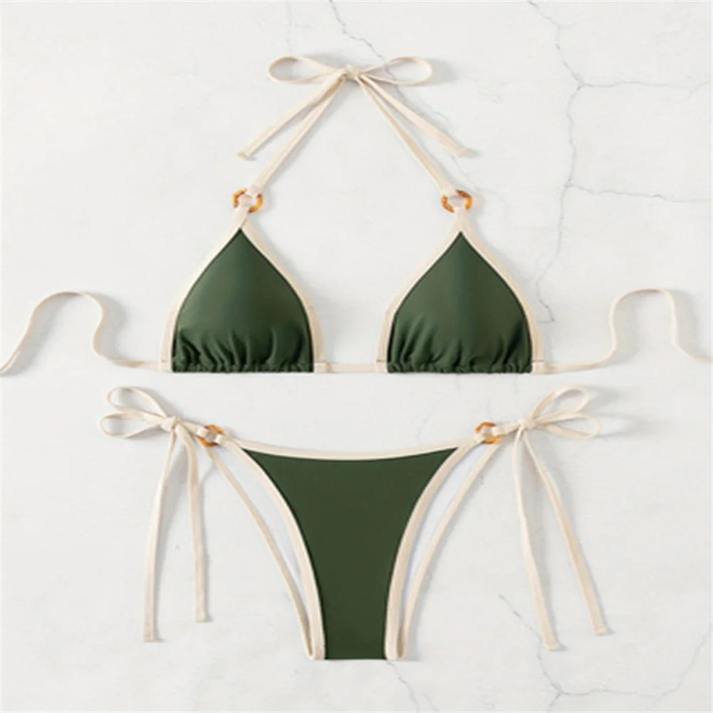 Micro Green Bikinis Halter String Border Y2K Swimsuit Push Up Backless Biquini Vacation Swimwear Women Beach Outfit Bathing Suit