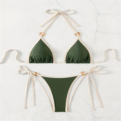 Micro Green Bikinis Halter String Border Y2K Swimsuit Push Up Backless Biquini Vacation Swimwear Women Beach Outfit Bathing Suit