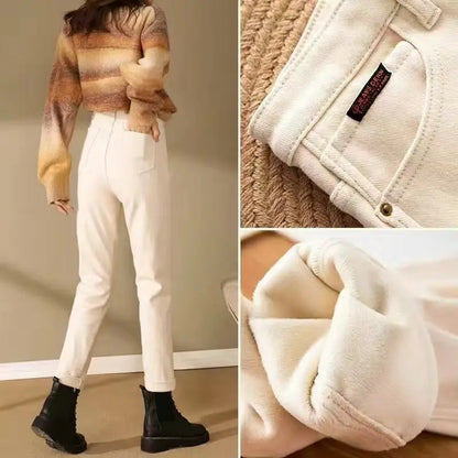 Spring Winter New Plus Velvet Women Jeans Button High Waist Solid Pants Pockets Thicken Fashion Casual Straight Trousers 2022
