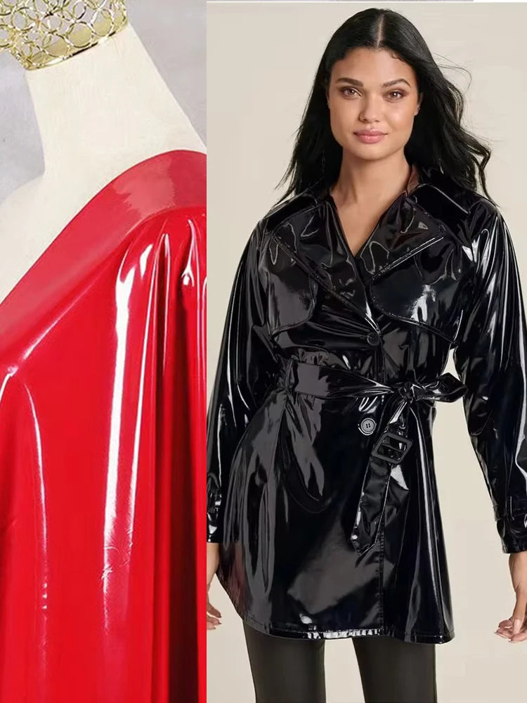 Women Faux Leather Jacket Coat Glossy Patent Leather Trench Overcoat With Belt Gothic Black PVC Laple Blazer Suit Pocket Custom
