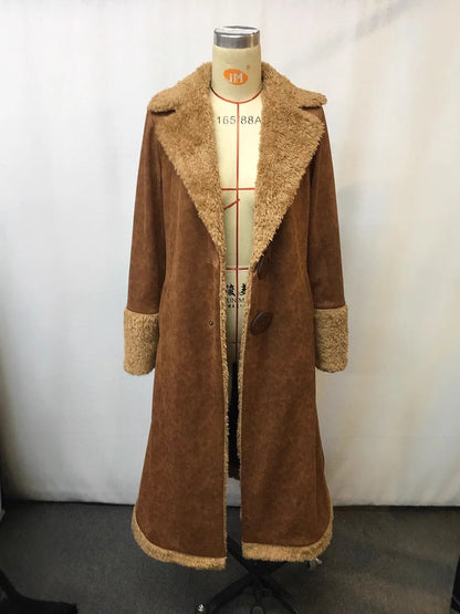 Women's Brown Vintage Coat Western Denim Plush Autumn And Winter Fashionable Warm Coat Outdoor Windproof Slim Fit Windbreaker