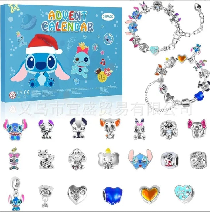 Disney Stitch Mickey Mouse Adventskalender-Armbänder, 24 Tage Countdown, DIY-Schmuckherstellung, süßes Weihnachtsgeschenk