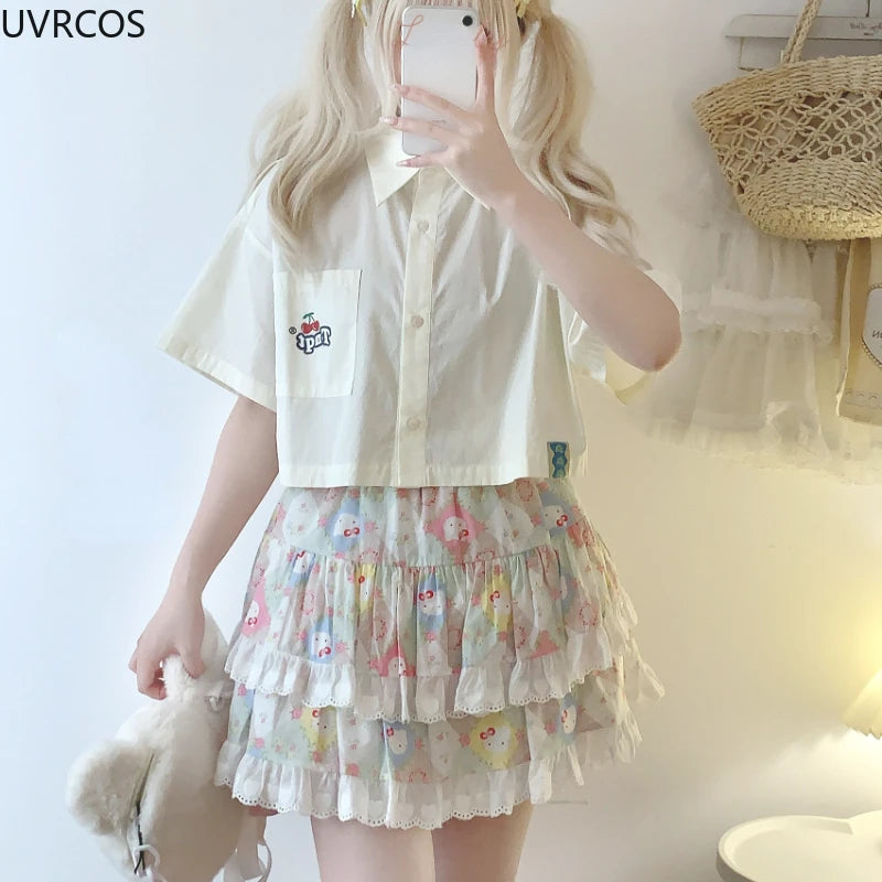 Korean Fashion Sweet Lolita Style Mini Skirt Women Cute Cat Print Layered Lace Cake Skirts Girly Japanese Kawaii Y2k Short Skirt