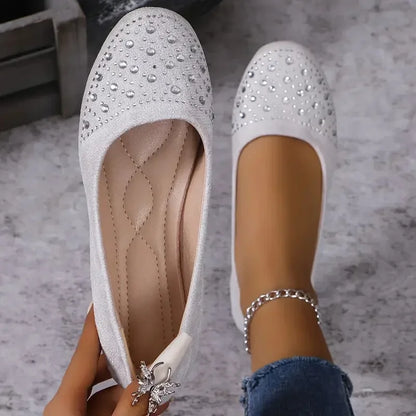 Women Flats Shiny Crystal Shallow Loafers Women Lightweight Non-Slip Ballet Flats Luxury Flock Soft Sole Walking Shoes for Women