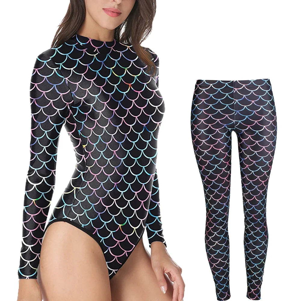 Nadanbao Womens Bodysuits Swimwear Mermaid Two-Piece Suit Fish Scale Print Long Sleeves Cosplay Costume with Stretch Leggings