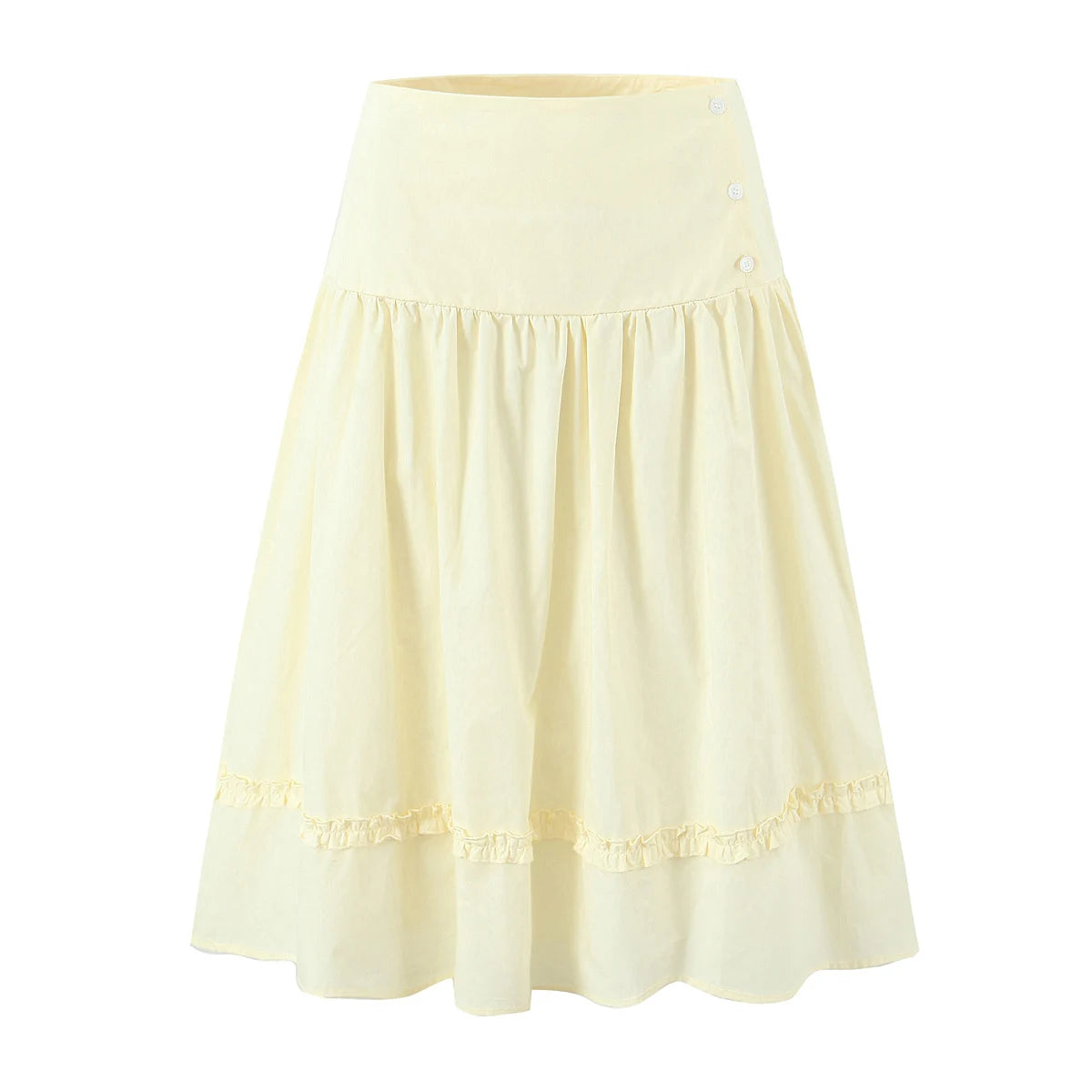 New 2025 Holiday Buttons Low Waist Midi Long Skirt Women Spliced Ruched Wood ears Swing A-lined Skirts Boho Yellow White