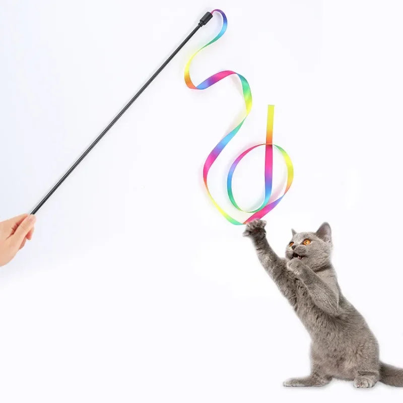 Interactive Coloured Ribbon Cat Toys Teasing Catd Stick Satin Ribbon Cat Stick Toys Kitten Playing Teaser Wand Toy Pet Supplies