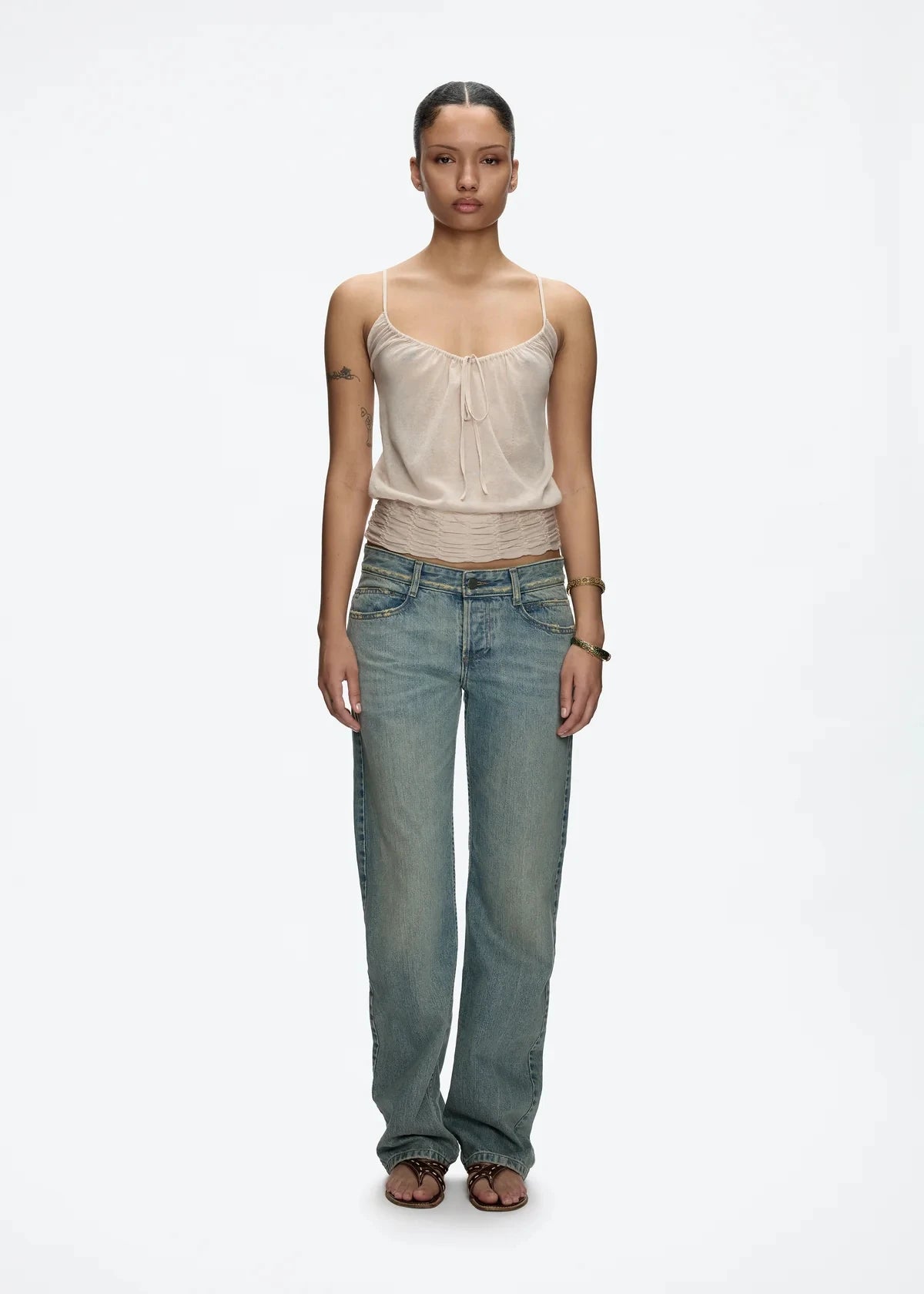 tank Vintage Blue Washed and Distressed Denim Jeans Low Waist Slim Fit Straight Leg Pants