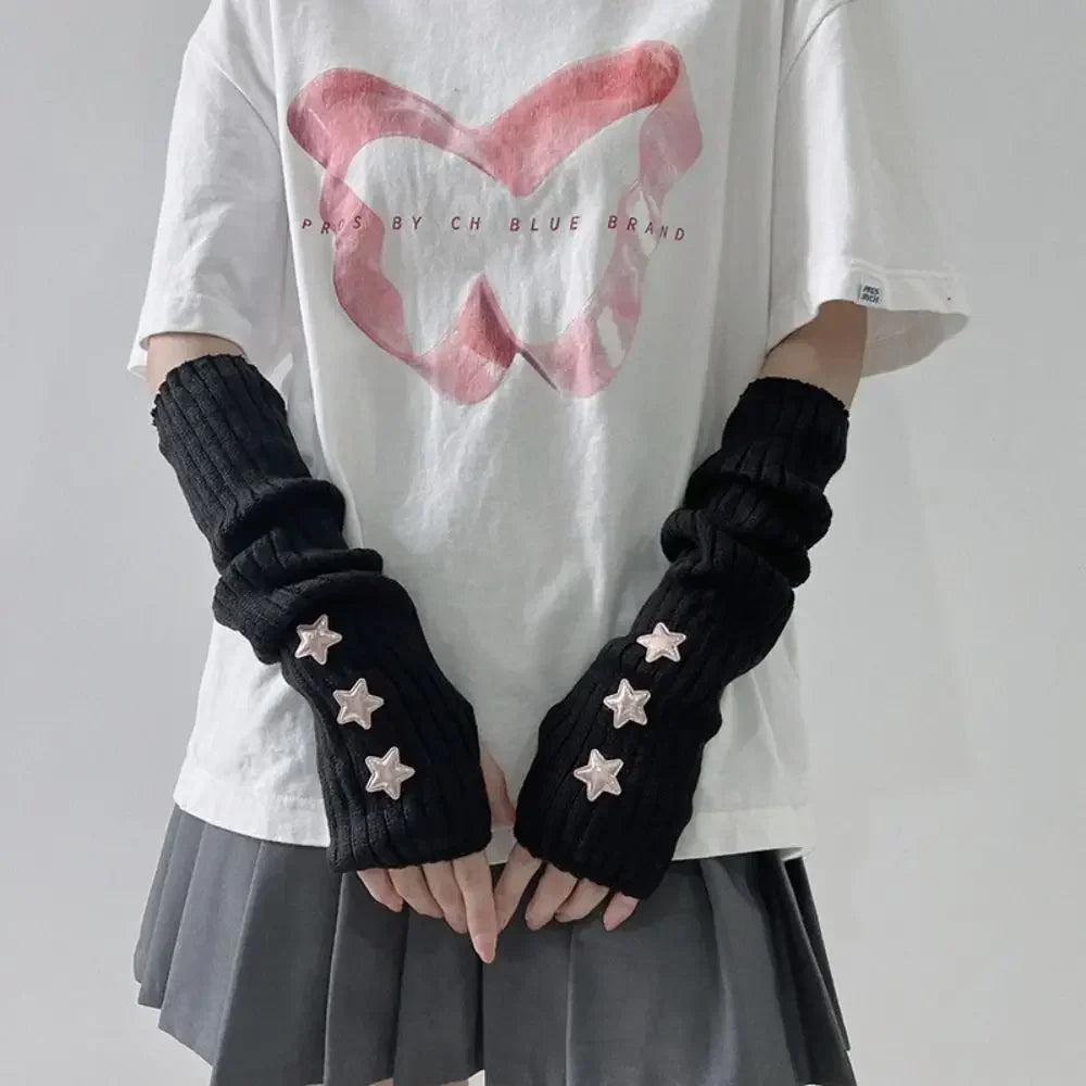 Punk Solid Color Star Knitted Gloves Y2k Gothic Wool Sleeve Cuff Long Hand Sleeve Arm Warmers Winter