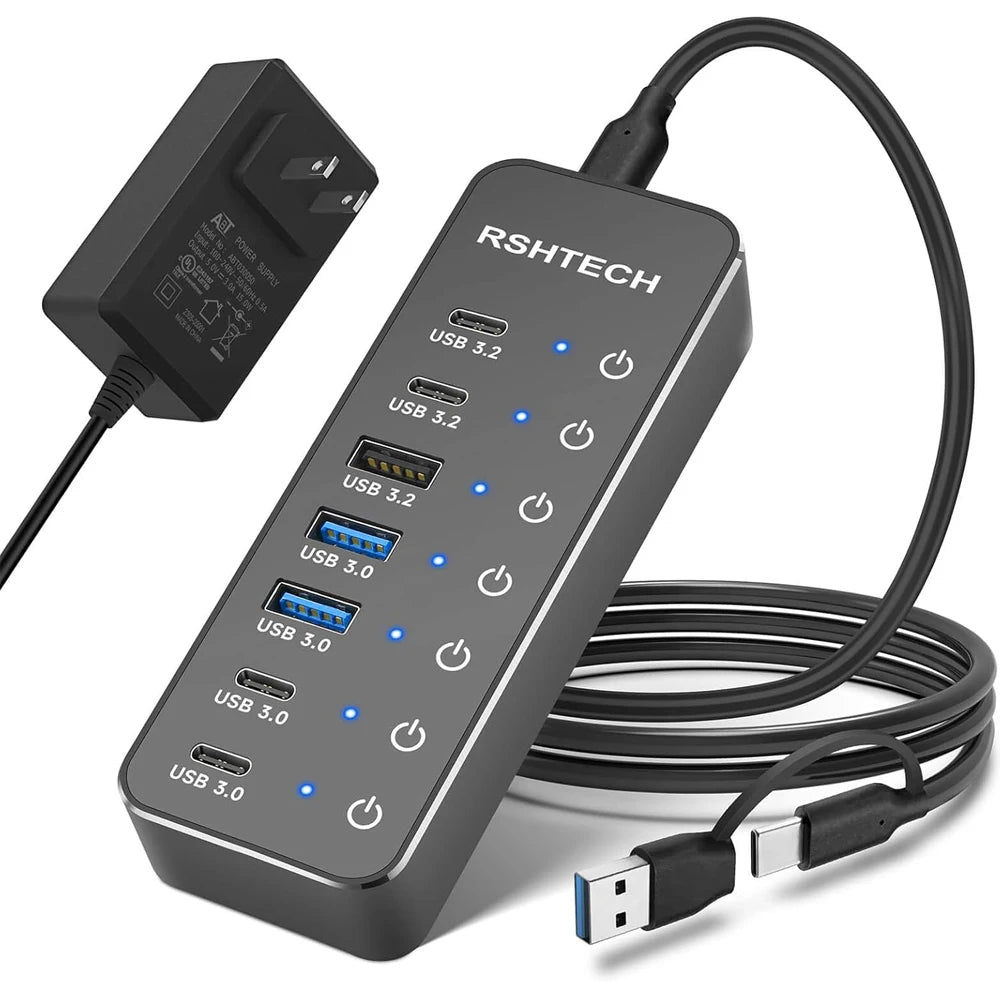 RSHTECH Powered 7 Port 10Gbps Data USB Hubs Individual On/Off  Touch Switches Splitter for Surface Windows PC Laptop Desktop