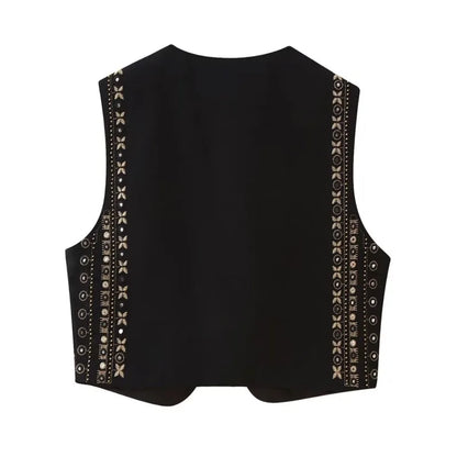 Ethnic Black Embroidery Bling Gold Line Flower WaistCoat Women BOHO Open Sleeveless Vest Jacket Outfits Vacation Loose Tops