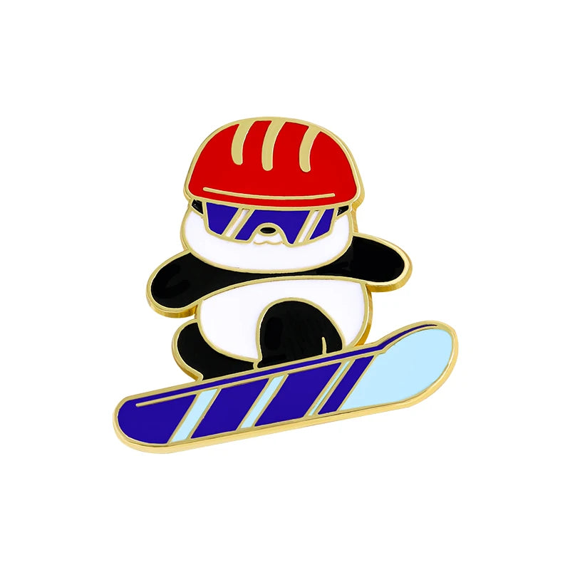 6 Styles Funny Winter Sports Panda Design Enamel Brooches Cartoon Animal Playing Skiing Fancy Speed Skating Curling Golden Pins