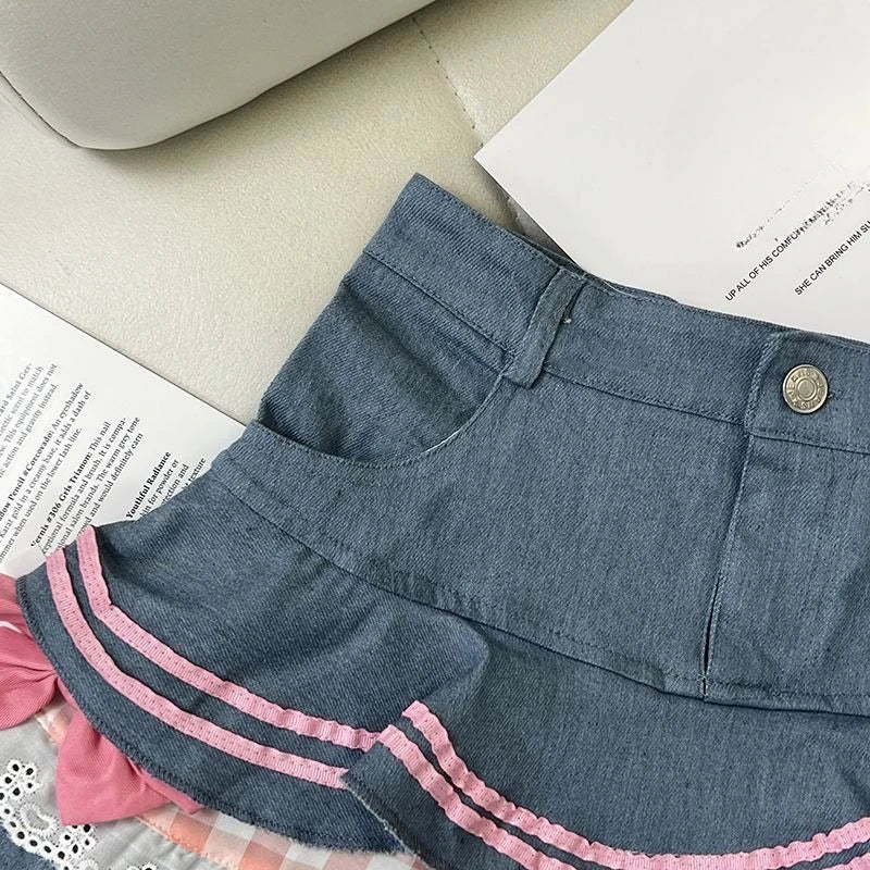 Preppy Style Lolita Kawaii Skirts Japanese Sweet Mini Women Harajuku Cute Ball Denim Y2K High Waist Lace Cake Skirts