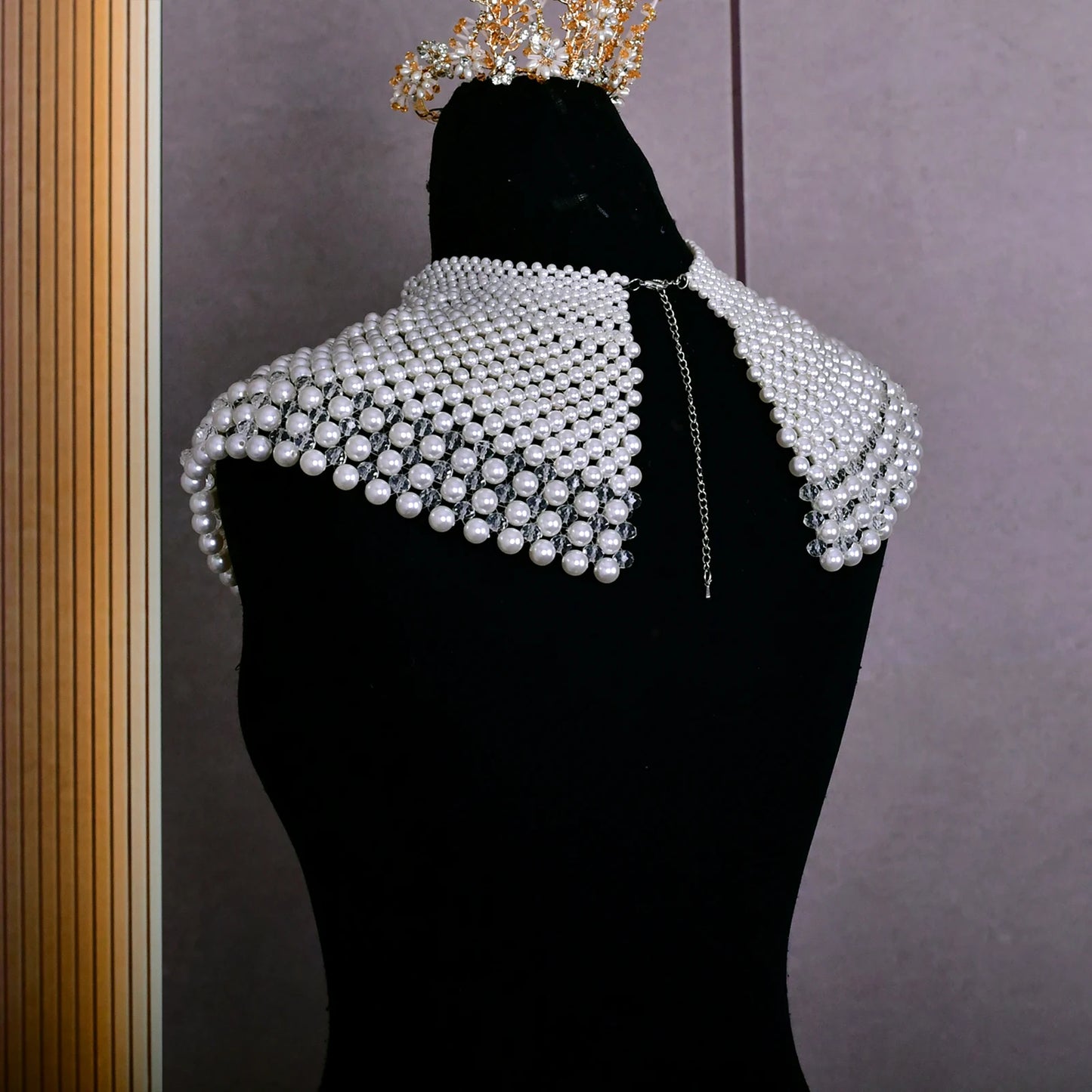 VG68 Pearls Necklace Beaded Neck Chain Bridal Covered Body Chain Women Accessories Off Shoulder Bolero Neck Chain Decoration