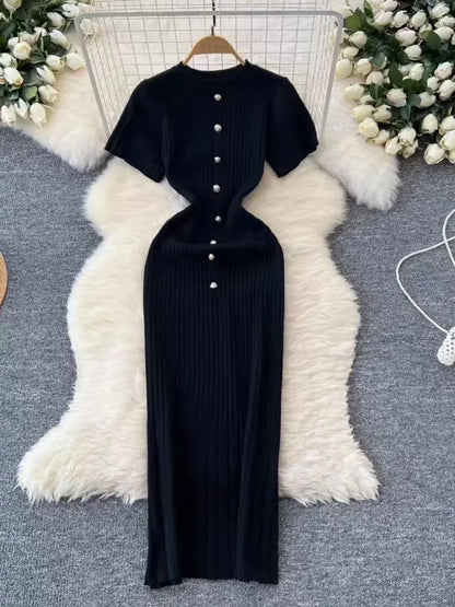 Chic O-neck Elegant Short Sleeve Slim Single Breasted Knit Dress High Street Women Vintage Korean Office Lady Casual Clothing
