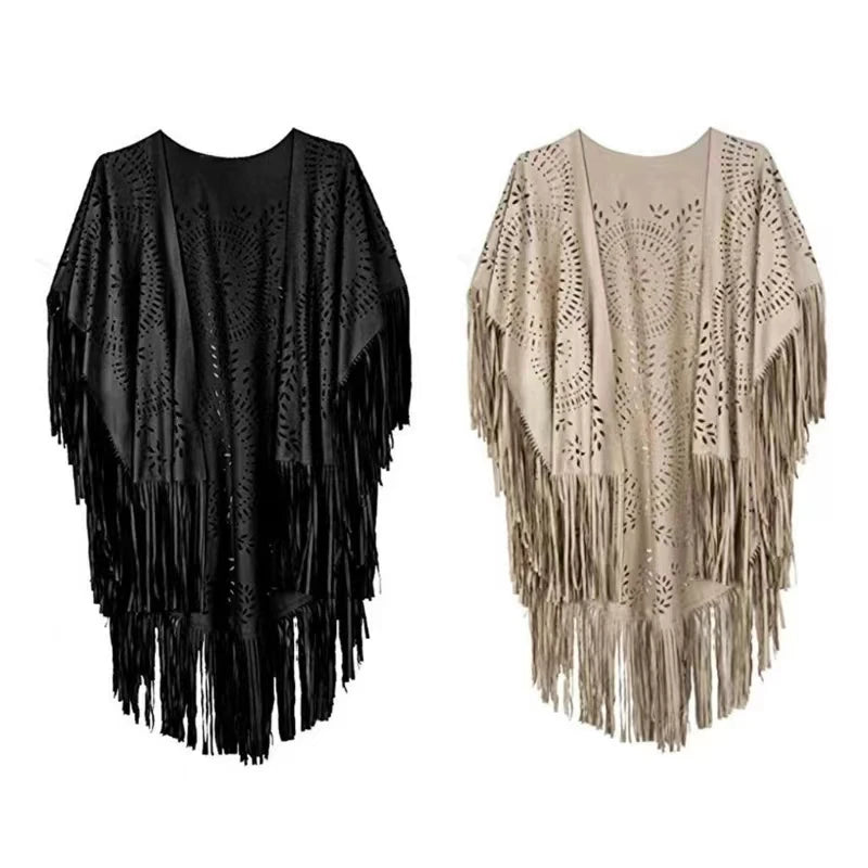 Women's Tassels Sleeveless Vest Hippie Faux Suede Fringe Jackets Cardigan Summer Hollow Waistcoat Outwear Tops
