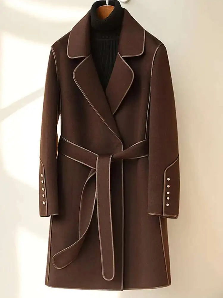 LANMREM 2023 Winter New Wool Coats For Women Lapel Long Sleeves Belt Coats Office Lady Fashion Streetwear Clothing 2DA2615