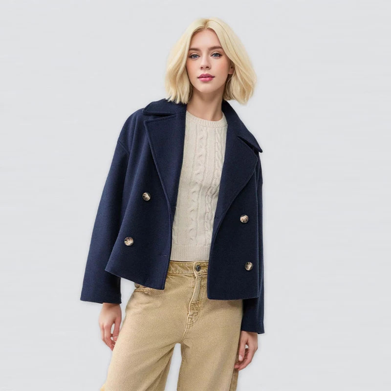 Casual Short Woolen Blends Coats Women Loose Lapel Bouble Breasted Pocket Full Sleeve Jacket 2025 Autumn Winter Lady Solid Coat