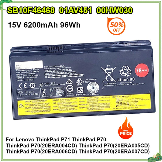 New 00HW030 01AV451 SB10F46468 Laptop Battery for Lenovo ThinkPad P70 P71 P72 20ER003QGE 20HK0003GE 15V 6200mAh 96Wh Bateria