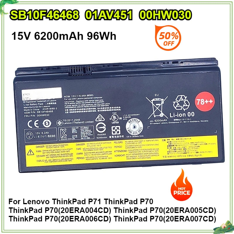 New 00HW030 01AV451 SB10F46468 Laptop Battery for Lenovo ThinkPad P70 P71 P72 20ER003QGE 20HK0003GE 15V 6200mAh 96Wh Bateria