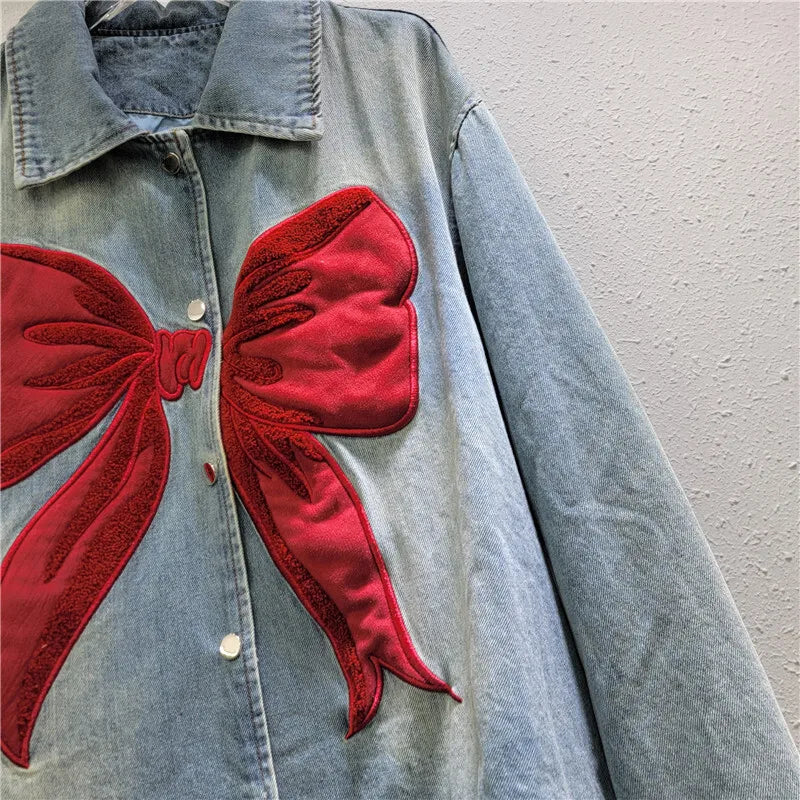 DEAT Women's Denim Coat Patchwork Red Bow Washed Blue Design Female Single Breasted Jackets 2026 Summer New Fashion 29L9359