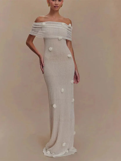 Chic 3D Flower Sleeveless Slim Maxi Dress Elegant Off Shoulder Knitted Long Dresses for Women 2025 Spring New Evening Party Robe