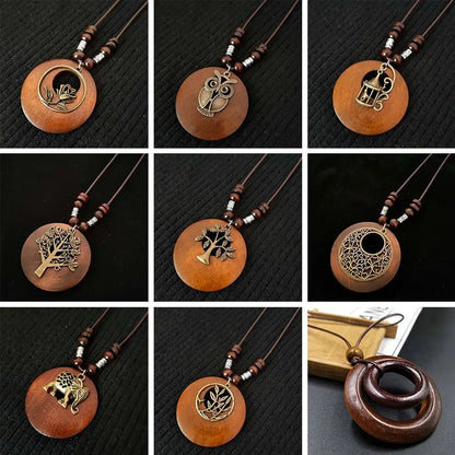 Retro Ethnic Round Wooden Leaf Owl Long Sweater Chain Necklace Women Vintage Clock Pendant Female Jewelry Neck Accessories Gifts