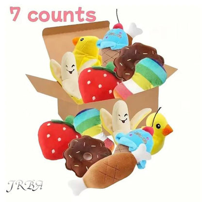 A 7-piece set of puppy sound toys, loose plush pet chewing, plush fruit snacks and vegetable puppy toys, suitable for pet play