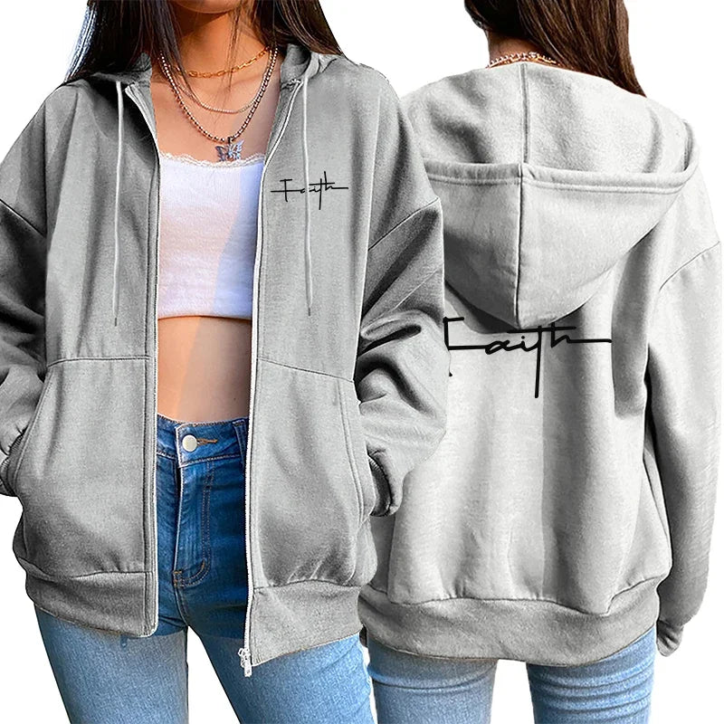 Womens Zipper Cardigan Coat Printing Casual Hooded Sweatshirt Sports Jogging Clothing High Quality Versatile Street Woman Jacket