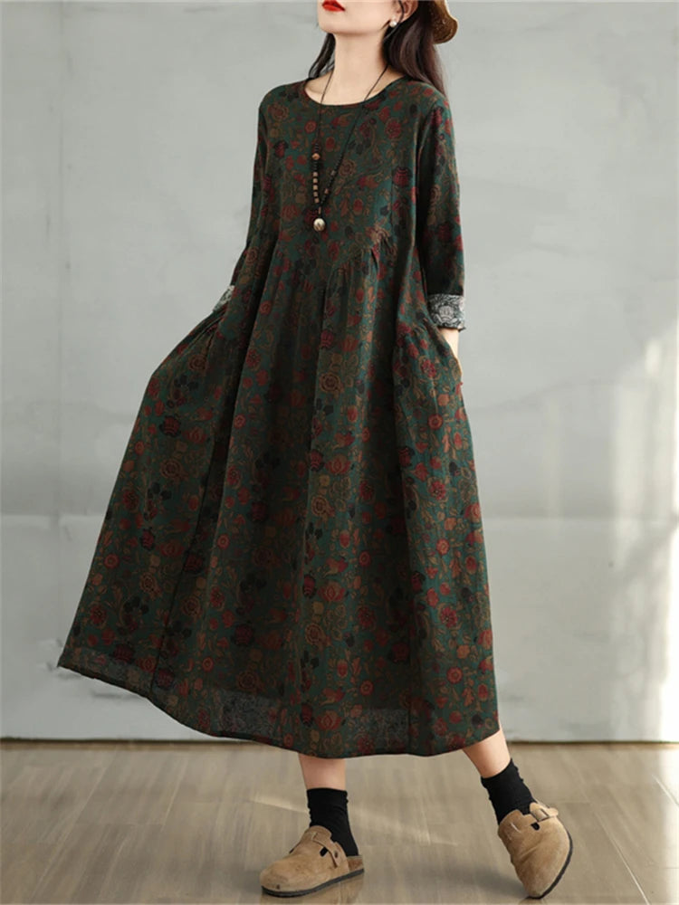 Cotton Vintage Print Floral Dresses 2025 Women Spring Autumn Casual Loose Long Sleeve Dress Femme Robe Vestidos Elegant Clothing