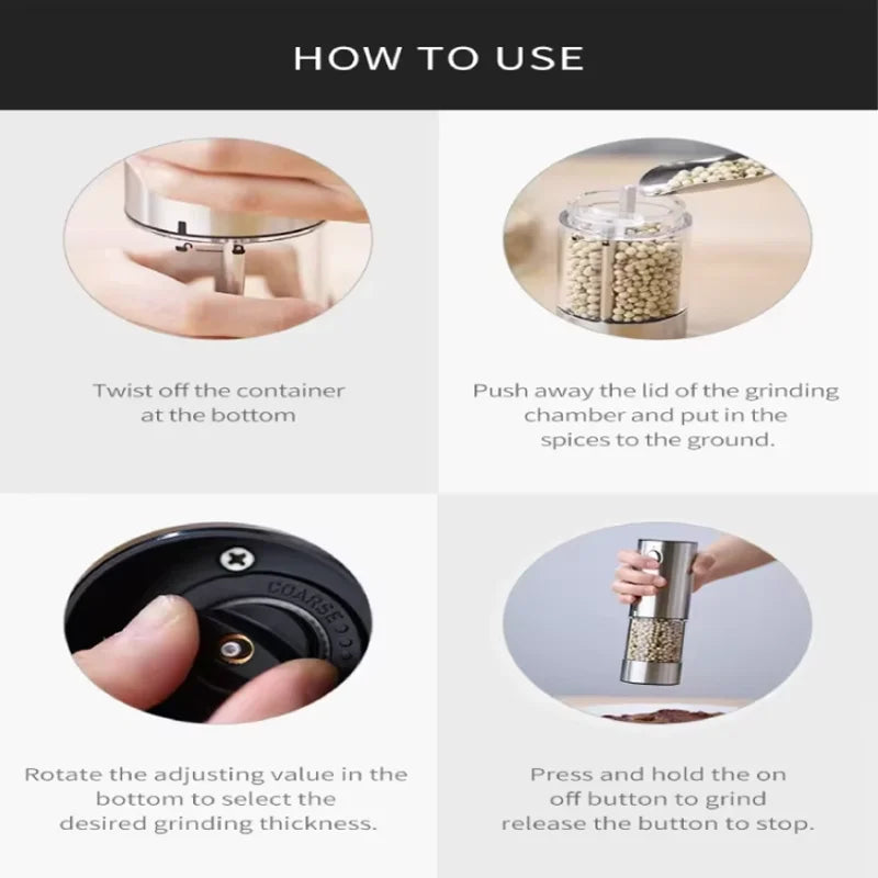 Electric Pepper Stainless Steel Grinder USB Rechargeable Adjustable Salt And Lightweight Cooking Spice Grinder Kitchen Food