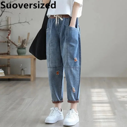 Ripped Hole Harem Jeans Streetwear Women's Korean Baggy Ankle-length Denim Pants Design Casual Vaqueros New Lace Up Kot Pantalon