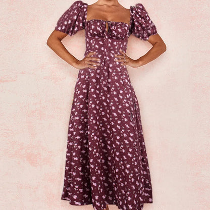 Skinny floral prints Dresses for Summer Women's Dress Square Neck Short Bubble Sleeves High Waist Lace-up Maxi Split Dress